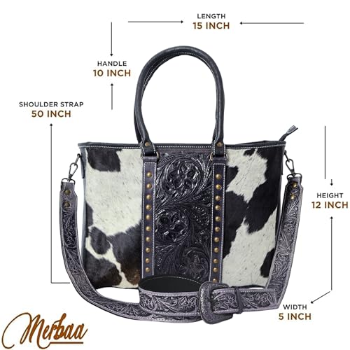 Image of Merbaa Western Cowhide Hairon Leather Tote Bag for Women With Adjustable Tooled Shoulder Strap Leather Purse