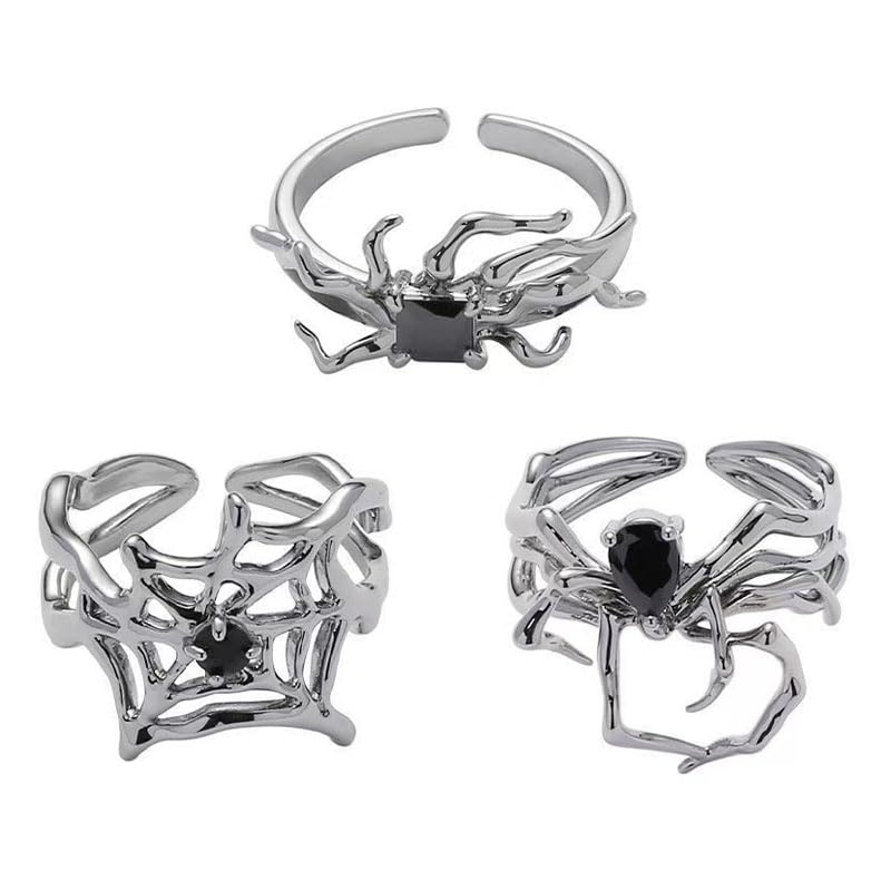 Vintage Gothic Ring Set Silver Tone Rings with Spider Bat Skeleton Hand Red Rose Crystal…