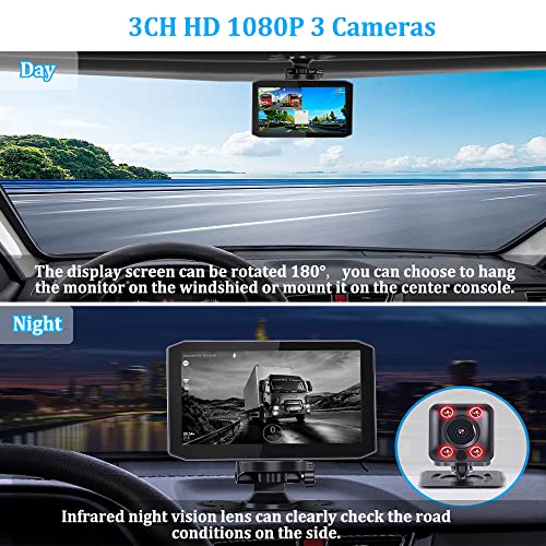 Image of VSYSTO 3CH WiFi Truck Dash Camera, GPS 7 Inch Monitor HD 1080P Front Camera, Left & Right Infrared Night Vision Rearview Mirror Cameras, Backup Cam for RV Semi Trailer Van Tractor Car (7 Inch Screen)
