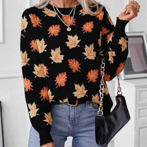 Generic PRIME DAY DEALS TODAY 2024 Women'S Casual Maple Leaf Print Crewneck Knit Sweater 2024 Fall Winter Fashion Long Sleeve Graphic Loose Jumpers Tops Black thumb #5