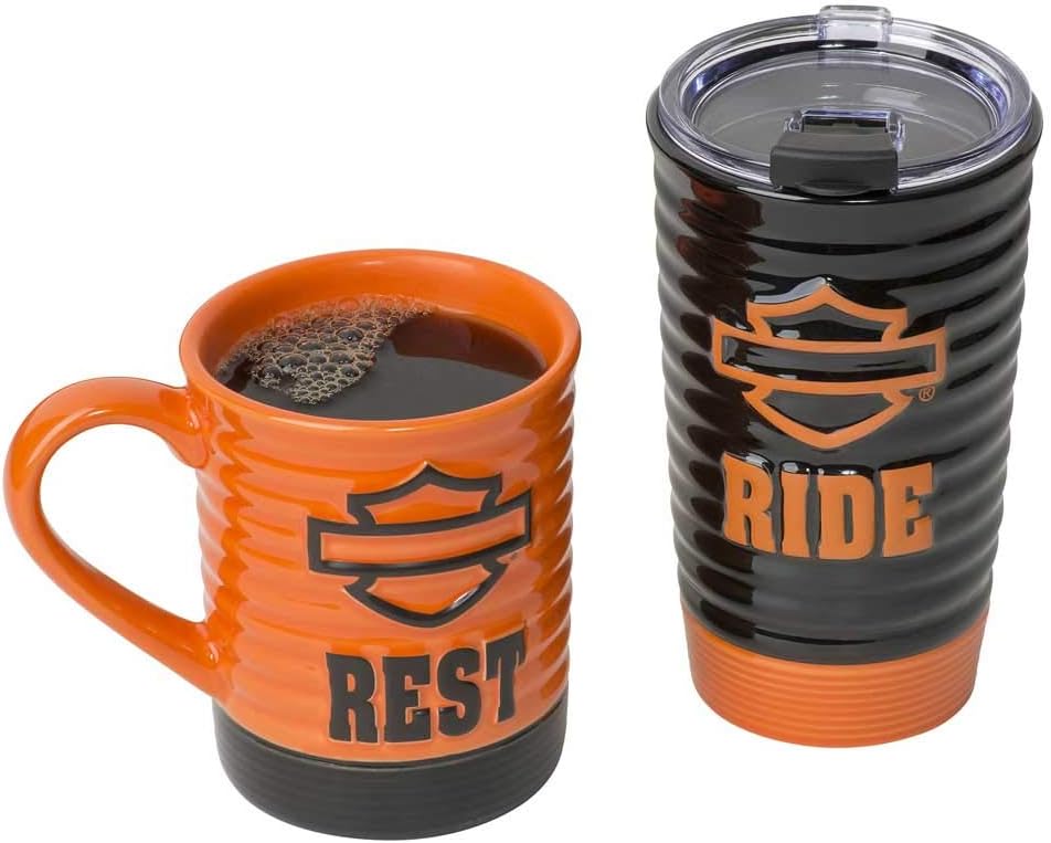 Harley-Davidson Ride & Rest Travel/Coffee Ceramic Mug Set, Black & Orange