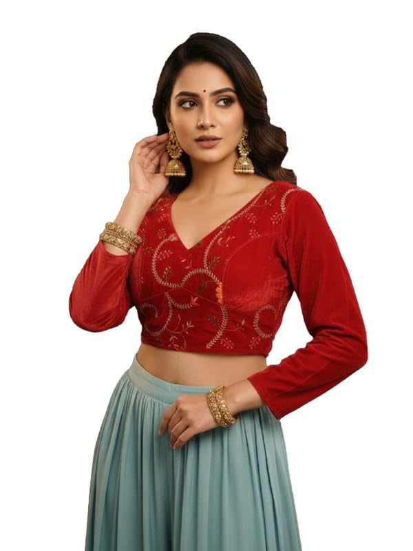Elegant Velvet Three-Quarter Sleeve Blouse Red-image-48