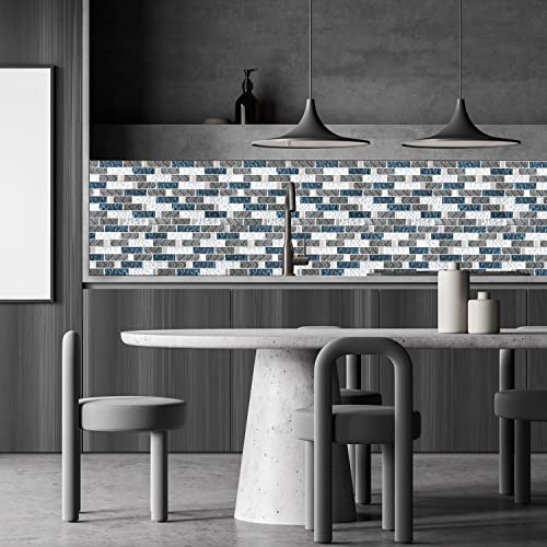 Blujellyfish Subway Glass Backsplash Tile Blue Silver White Mosaic Sheet Mesh Mounted Metallic Textured Interlocking 3D Tile For Kitchen Bathroom Walls Nb35B (Pack Of 5 Sheets) #TOP6