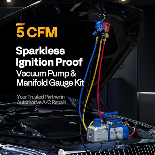 Image of VIVOHOME 110V 1 /2 HP 5CFM Dual Stage HVAC Vacuum Pump and 4 Way AC Manifold Gauge Kit, Sparkless Motor for R32 R1234yf R454B R134a R22 R410a Systems, Automotive Air Conditioner Maintenance