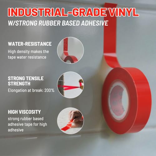 Image of RED WOLF Red Electrical Tape 3 /4 Inch x 66 Ft Industrial Grade UL /CSA Listed 7 Mil Thick Flame Retardant High Temp Waterproof Electrical PVC Tape Electric Super Vinyl Rated 600V 5 Pack