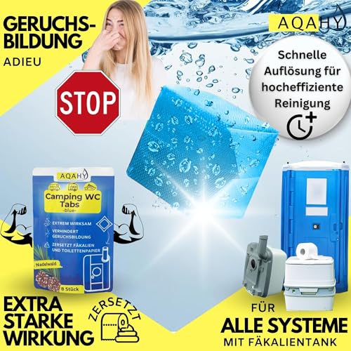 AQAHY Camping Toiletten Zusatz - Tabs blue extra stark – Nadelwald WC Drops - Chemietoilette Tabs entfernt unangenehme Gerüche - made in DE 2