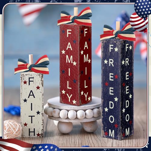 3 Pcs 4th of July Decorations Patriotic Table Sign Red White Blue Tiered Tray Decor Wood Independence Day Centerpieces America Sign for Memorial Day Farmhouse Home Shelf Tabletop(Retro) - Image 6