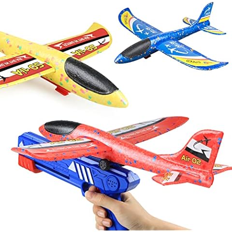 kizplays Flugzeug Spielzeug, 3 Stück Wurfgleiter Styroporflieger mit Katapult Pistole und 3 Aufkleber,Styropor Flugzeuge Spielzeug Kinder Geburtstag Geschenk für Jungen und Mädchen Outdoor Spiele Cover