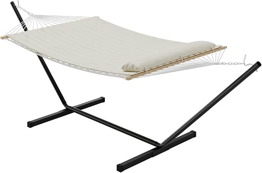 Premium Double Hammock with Stand - Heavy Duty 450LBS Capacity, Quilted Cushion & Storage Net for Backyard, Patio, Camping Indoor/Outdoor Use,White