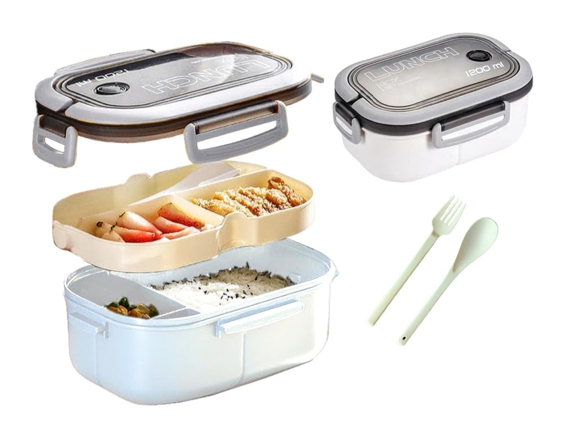 Lunch Box, Bento Box, 1200 ml/40 OZ Leak Proof Food Container, 2 layers Lunch Box, With Reusable Cutleries, Microwave Safe Lunch Box (White)