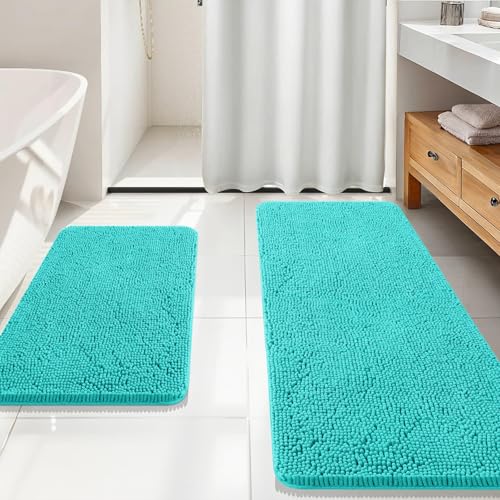 Image of OLANLY Bathroom Rugs Sets 2 Piece, Soft Absorbent Chenille Bath Mats Area Rug Set, Non-Slip, Quick Dry, Machine Washable Bath Mats for Bathroom, Home Decor Accessories (59 inchx20 inch+30 inchx20 inch, Teal)