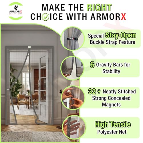 Image of ARMORX High Tensile Polyester Magnetic Door Mosquito Net, Self Closing Magnets with Buckle Strap, Protection from Insects, Pets & Kids Friendly | Classic Grey -210cm x 85cm