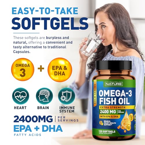 Built by Nature Omega 3 Fish Oil Soft Gels - 2400 mg Fish Oil, 1440 mg Omega 3, 864 mg EPA, 576 mg DHA - Extra Strength Brain & Heart Health Support Supplement - 120 Softgels