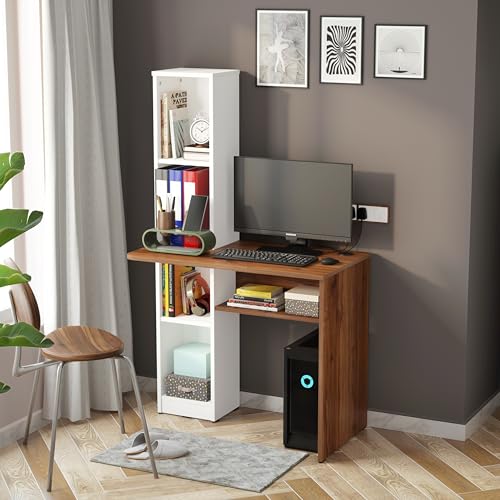 Image of Studio Kook Champion Engineered Wood Study Table with Storage, Matte Finish, 5 Shelves (Moonshine White Amber Walnut)