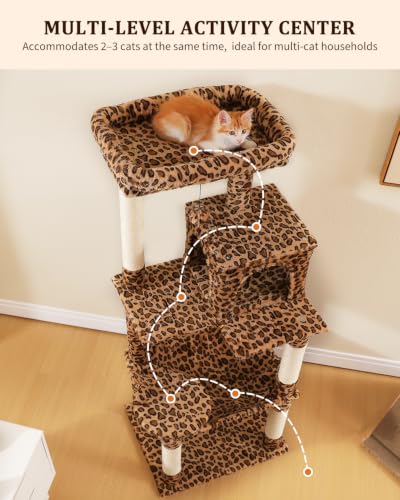 Image of MUTTROS Leopard Cat Tree, 56.3 inch Cat Tower for Indoor Large Cats | Multi-Level Cat Activity Center with condo, hammock, perch & sisal posts for 2-3 indoor cats under 15 lbs