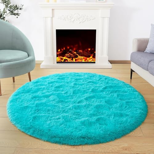 Image of Shaggy Round Area Rug - Soft Plush Circle Solid Color Carpet for Living Room, Bedroom, Kids Room - Fluffy Fuzzy Floor Mat for Home Decor (Turquoise, 5x5 feet, Round)