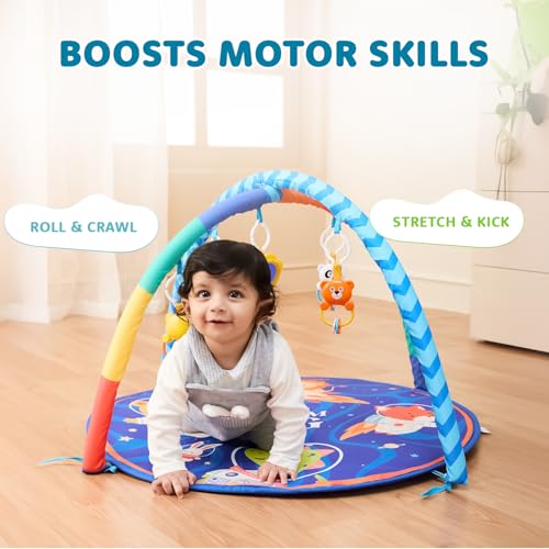 Image of Amazon Brand - Supples Baby Play Gym Mat | Activity Play Gym with Hanging Toys | 2-in-1 Baby Mat for 2+ Months | Astronaut Print | Multicolor | Soft Baby Bedding