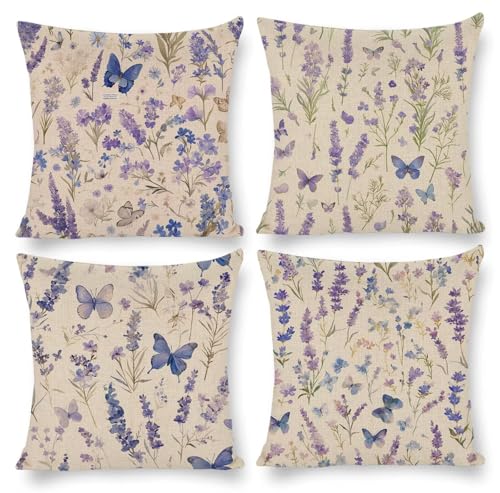 クッションカバー 60x60cm 亜麻 装飾枕カバー 4枚セット 北欧 おしゃれ 可愛い インテリア アクセント 部屋飾り ソファ 椅子 車内 ベッド ソファー用クッションカバー 抱き枕カバー ソファ背当て 装飾枕カバー 座布団カバー (ラベンダー蝶) m
