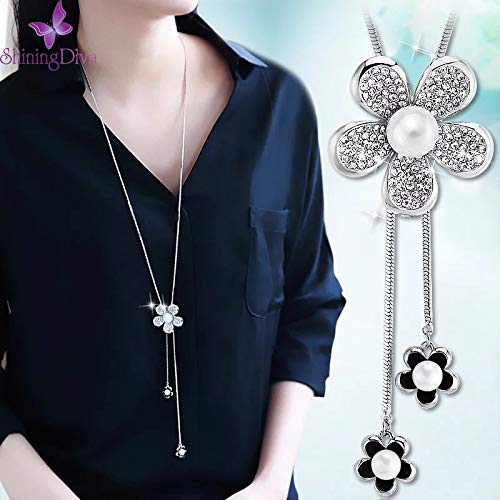 Image of Shining Diva Fashion Crystal Flower Stylish Long Chain Pendant Necklace for Women and Girls