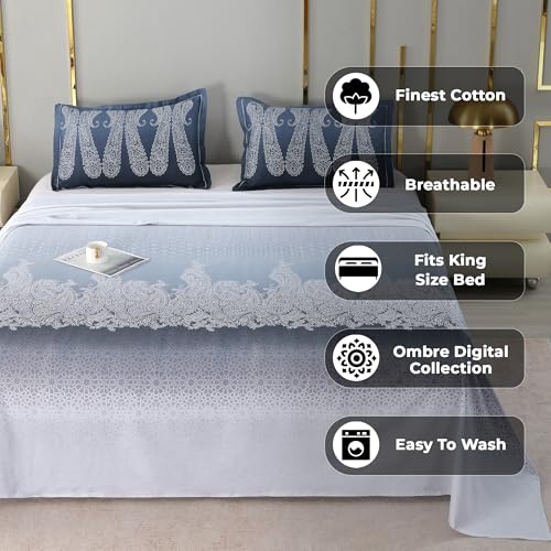 Image of Story@Home Luxe Sateen Weave Compact Yarn Bedsheet King 108 x 108 Inches Motif 300 TC 100% Cotton Soft Flat Sheet with 2 Pillow Covers 18 x 27 Inch -Winter Sky Ombre-Gift Packaging