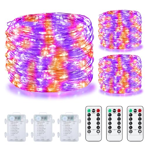 Mlambert 3 Pack 33FT Fairy Lights Battery Operated with Remote and Timer, Dimmable Waterproof 8 Modes Lights for Indoor Outdoor Party-Orange/Purple