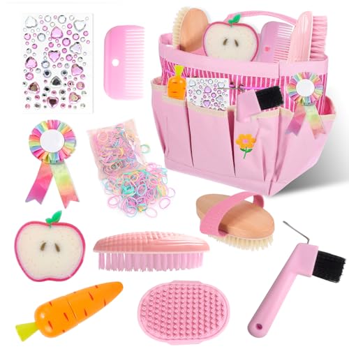 YYSWSAKY 11 Stück Pferde Putzbox Spielzeug Putzkasten Pferd Kinder mit Tasche Bürsten Kamm und Hufkratzer Pferdeputzzeug Rosa für Mädchen Vorgetäuschtes Spielmaterial Magic Brush Horse Geschenk
