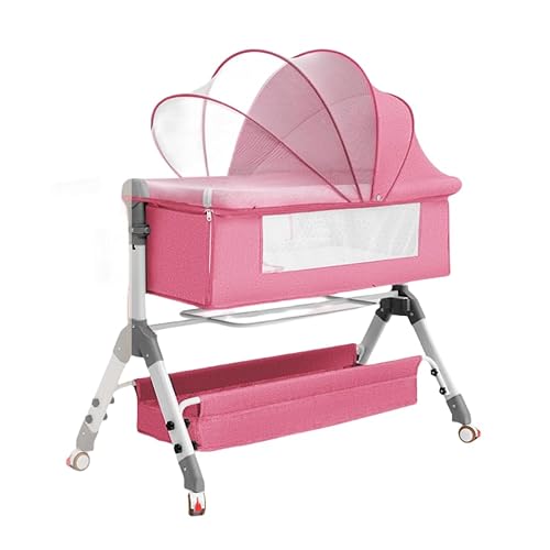 ベビーベッド 鋼 コンパクトで折畳可能 持ち運びしやすい添い寝ベッド 揺りかごに変身可能 おりたたみ 消音昇降機能とキャスター付き 多機能 軽量 出産祝い 新生児0ヶ月から (ピンク)