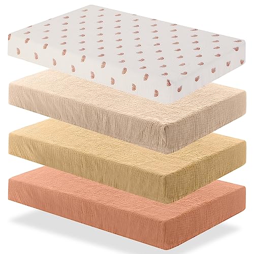 Image of 4 Pieces Muslin Bassinet Sheets Fitted Stretchy Cotton Baby Oval Bassinet Sheets 32 x 17 Inch Baby Nursery Bassinet for Rectangle, Oval Bassinet Mattress (Boho Colors)