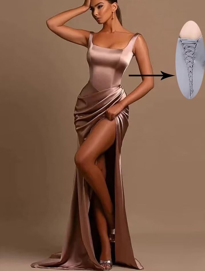 Satin Mermaid Bridesmaid Dress Square Neck Corset Formal Prom Dress with Side Slit Ruched Satin Evening Dress3