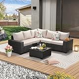 JOYURE 6 Pieces Patio Furniture Set All-Weather Outdoor Wicker Sectional Conversation Sofa Rattan Patio Seating Sofa with Cushion and Glass Table for Porch Poolside,Beige