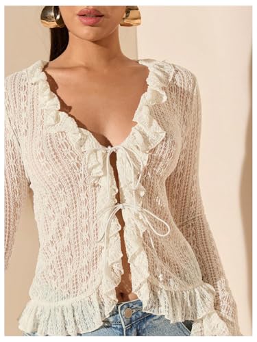 GORGLITTER Women's Tie Front Bell Sleeve Lace Tops Ruffle Mesh Vintage Shirts3