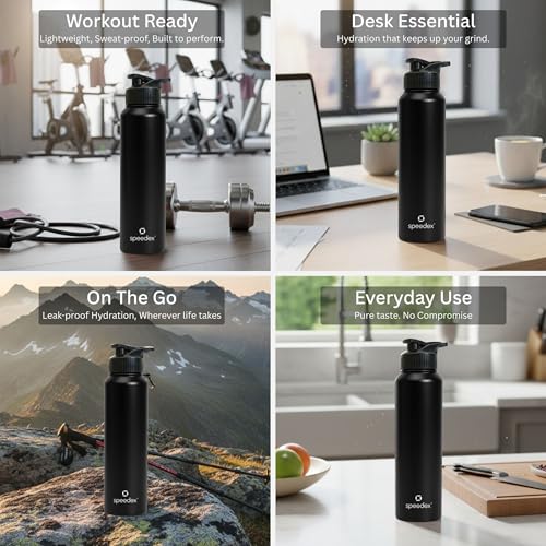 Image of Speedex Stainless Steel Metal Water Bottle 1 Ltr 1000 ml, BIS Approved, Leak Proof Sipper Cap Bottle for Office, School, Gym, Travel, Daily Use for Men, Women, Kids, Adults, Black, Set of 1
