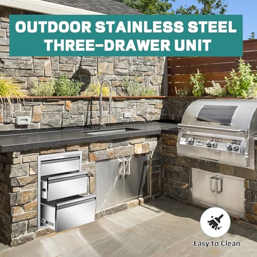 Image of Outdoor Kitchen Drawers 18 inch W x 21 inch H x 23 inch D Stainless Steel Drawer BBQ Triple Drawers with Hidden Handle for Outdoor Kitchen Island, Patio Grill Station