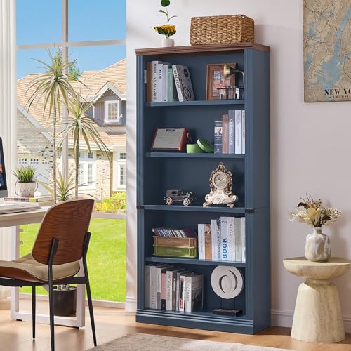 RWYHG 70 Tall Bookshelf 5-Tier Thick Wooden Book Shelf with Adjustable Shelves Standing Farmhouse Bookcase with Open Display Storage Floor Vintage Bookshelves for Living Room Office Blue