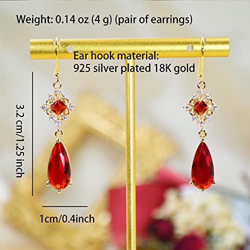 MOMOCAT 18K Gold Plated Artificial Ruby Red Teardrop Earrings for Women Dangle Vintage Jewelry Statement Chandelier Dangling Christmas Art Deco Crystal Unique Antique Hook Warrings for Women3