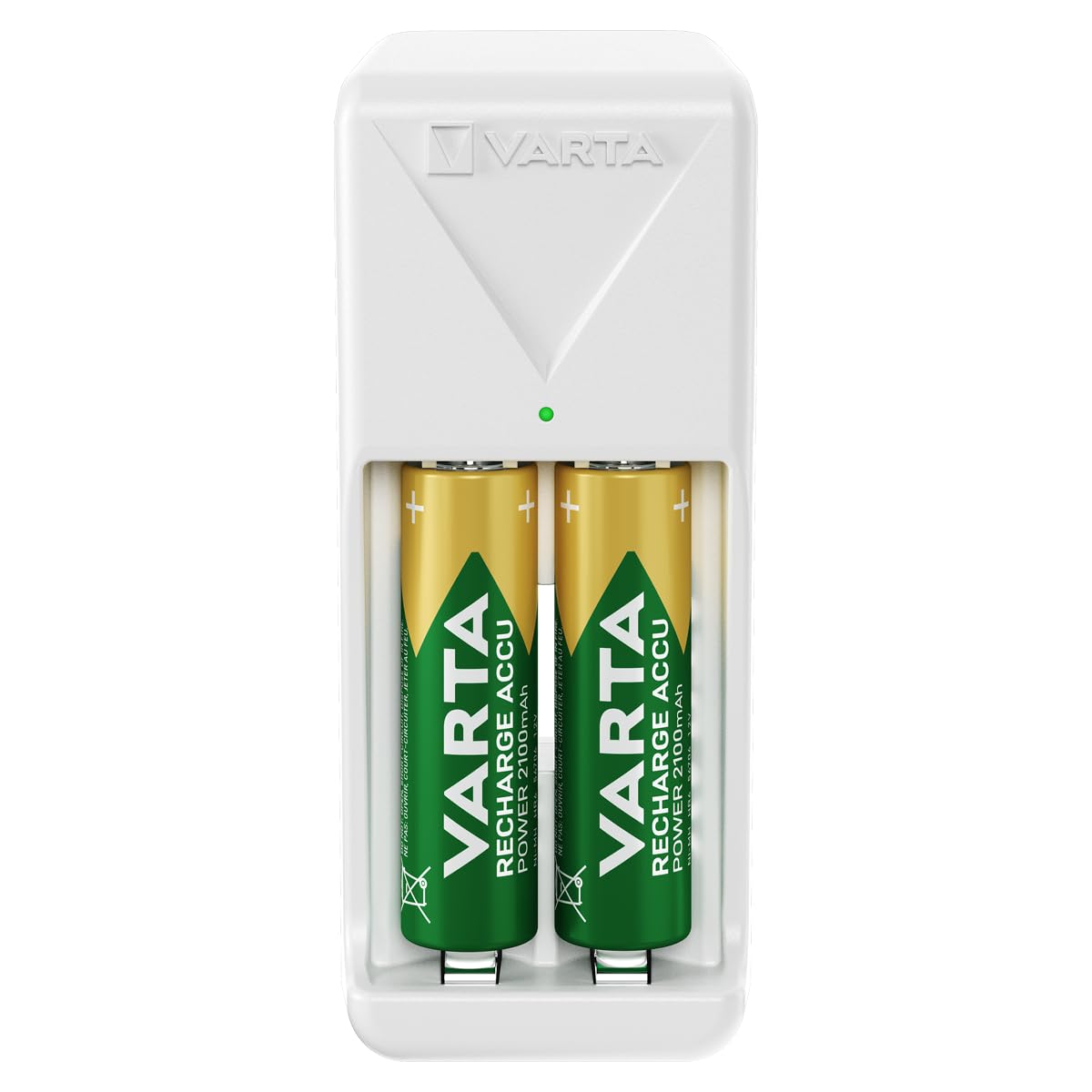 VARTA Battery Charger, Includes 2 x AA 2100 mAh, Charges 2 AA/AAA Simultaneously, Mini Charger, White
