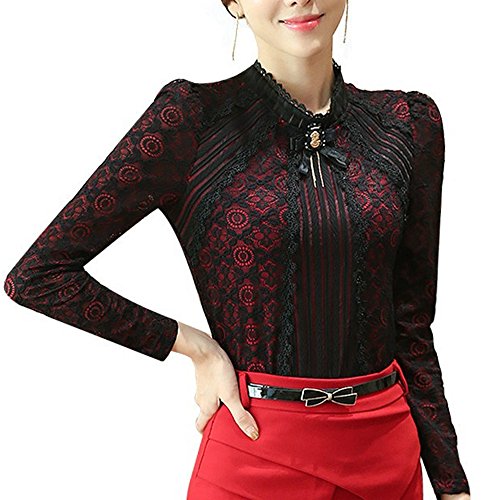 SansoiSan Women's Vintage Beaded Buttons Pleated Shirt Long Sleeve Lace Stretchy Blouse2