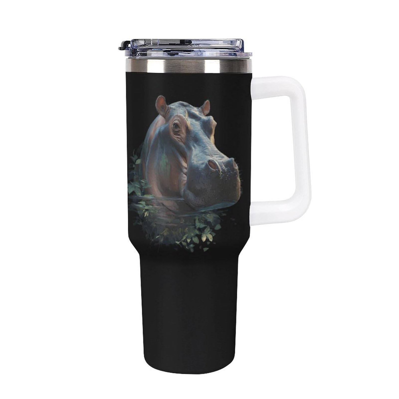 Nilpferd in Nature Trendy Trinkglas mit Henkel, 1134 g, weiß | Doppelwandiger, auslaufsicherer, isolierter Auto-Reisebecher aus Edelstahl