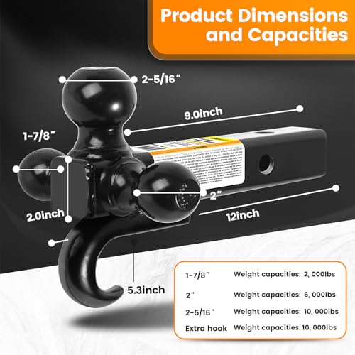 Image of MaxxHaul Triple Ball Mount Hitch with Tow Hook, Fits 2 inch Receiver - 1-7 /8 inch, 2 inch, 2-5 /16 inch Welded Hitch Balls, Class III /IV, 10,000 lb GTW, Heavy-Duty Powder-Coated Steel - 50231