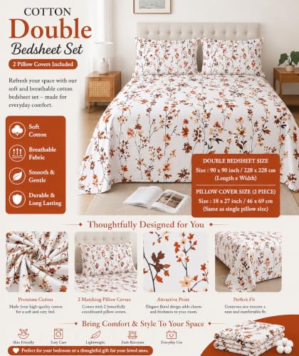 Image of IVAZA 240 TC Soft Ezyption Cotton Floral Print King Size Bedsheet - with 2 Pillow Covers, Hypoallergenic, Brethable, (Size- 90 x 90 Inch) Rust Orange