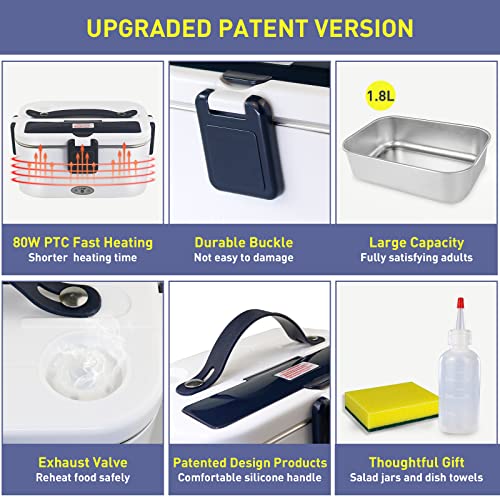 80W1.8L Large Portable Heated Electric Lunch Box,3 In1 Food Warmer Lunch Box（12/24/110-230V）Suitable For Car/Truck/Home.free 120Ml Salad Bottle And Dishwashing Cotton, With Fork、Spoon、Carrying Bag #TOP4