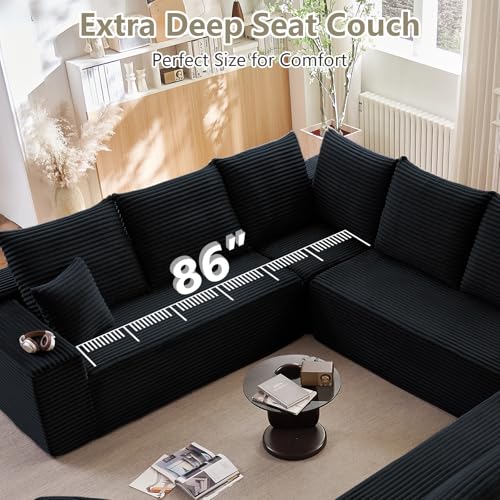 Image of Sectional Cloud Couch for Living Room, Big Comfy Corduroy Couches Set with Fluffy Memory Foam, Modular Floor Deep-Seat Sofa, Stupendous U Shaped Sofas with 12 Pillows, No Assembly Required, Black