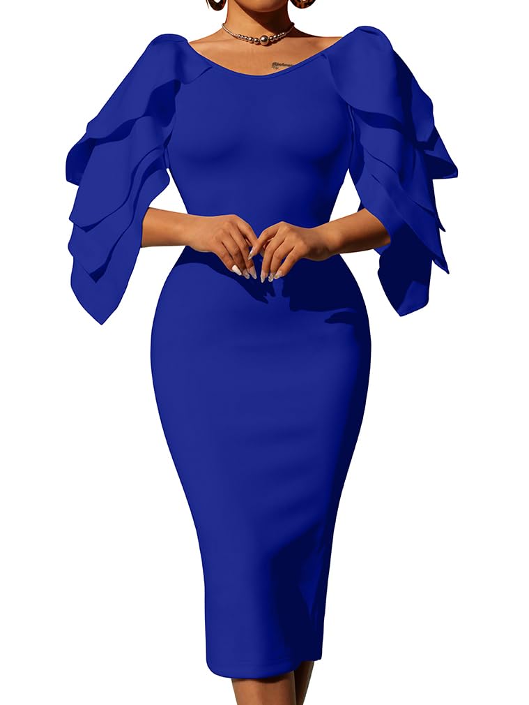 DAAWENXI Women's Elegant Ruffle Off The Shoulder Zipper Empire Midi Cocktail Dress