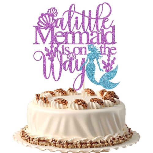 Image of A Little Mermaid Is On The Way Cake Topper-Mermaid Theme Baby Shower, Ocean World/Under The Sea Theme Party,Welcome Baby Gender revelation Party，Baby 1st/First Birthday Party Decor (On The Way)