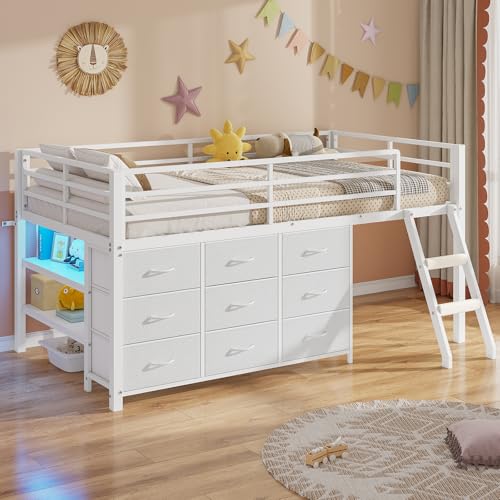BTHFST Twin Loft Bed for Kids, Low Loft Bed Twin Size with 9 Storage Dresser, LED Lights, 2 Storage Shelves & Stairs, Metal White Bed with Safety Guardrail for Young Teens, Space Saving, White