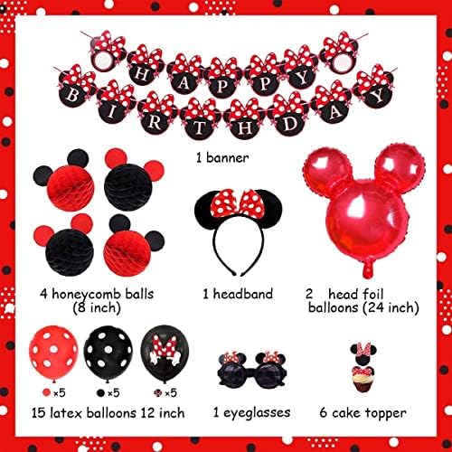 Cartoon Mouse Birthday Party Decorations, Red Black Happy Birthday Banner Headband Honeycomb Balls Glasses for Girls 1st 2nd 3rd Birthday