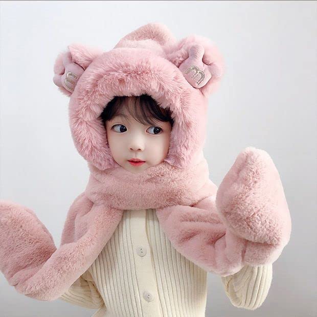 Kid Animal Hooded Scarf Girl Winter Trapper Hat with Earflap 3 in 1 Cute Bear Rabbit Beanie Children Plush Pocket Glove Set3