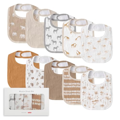 Image of Muslin Baby Drool Bibs for Unisex Boys Girls, 10 Pack Soft Cotton Baby Bib for Teething Drooling, Essentials Shower Gift (10, Brown)