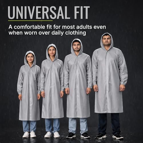 Image of Robustt EVA Reusable Raincoat with Hood (Dark Grey) - Pack of 1 | Elasticated Full Sleeves Outdoor Waterproof Raincoat for Men & Women | Rainwear | Button Closure | Knee Length | Universal Fit