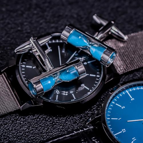 Mancuernillas reloj de arena azul para hombre con caja miniatura 4